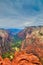 Panoramic view from Observation Point of the beautiful Virgin River valley of Zion National Park with storm clouds
