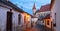 Panoramic view of the old paved street in the historical downtown on a winter evening. Town of Znojmo, Czech Republic.