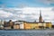 Panoramic view of the Old Town of Stockholm. Birger Jarls tower view.