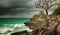 Panoramic view of the old Watchtower in the ancient city of Tulum on the Caribbean coast before it rains, Mexico