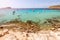 Panoramic view of one of the most beautiful coves Cala Escondida of the island of Ibiza, Balearic Islands. Spain