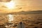 Panoramic view out of the traditional Balinese boat called Jukung Dives at sunrise in Lovina, Bali, Indonesia