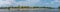 Panoramic view over beach cafes, restaurants and camping site for campers at the downtown near Elbe river in Magdeburg, Germany,