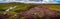 Panoramic view over beautiful colorful Icelandic landscape with Faxi waterfall, ancient moss and lichen, tundra flowers and meadow