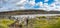 Panoramic view over biggest and most powerful waterfall in Europe called Dettifoss in Iceland, near lake Myvatn, with dramatic sky