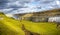 Panoramic view over biggest and most powerful waterfall in Europe called Dettifoss in Iceland, near lake Myvatn, with rainbow at