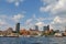 Panoramic view over busy harbor, downtown and historic center in Hamburg, Germany, summer