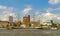 Panoramic view over busy harbor, downtown and historic center in Hamburg, Germany, summer