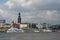 Panoramic view over busy harbor, downtown and historic center in Hamburg, Germany, summer