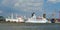 Panoramic view over busy harbor, downtown and historic center in Hamburg, Germany, summer