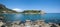 Panoramic view over clean water of Ladiko Bay on greek island Rhodos