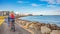 Panoramic view over historical modern downtown in Reykjavik at Summer in Iceland, cityscape with cycling lane and cyclists at