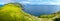 Panoramic view over mythical Faroe Island Mykines in the middle of Atlantic Ocean with a lot of puffins, parrot like seabirds, and