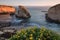 Panoramic view over Shark Fin Cove Shark Tooth Beach. Davenport, Santa Cruz County, California, USA. Sunset in California