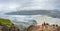 Panoramic view over Skaftafellsjokull glacier and tourists, a wander near Skaftafell on South Iceland, summer