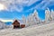 Panoramic view over the ski slope, ski resort in Transylvania, Pine forest covered in snow on winter season,Mountain landscape in