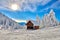 Panoramic view over the ski slope, ski resort in Transylvania, Pine forest covered in snow on winter season,Mountain landscape in