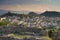 Panoramic View over skyline of Plovdiv taken from ruin hill of ancient fortress,Old Plovdiv cityscape.