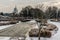 Panoramic view over the Stuyvenberg city park with frozen ponds, snowy reeds and meadows, Laeken, Belgium