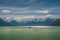 Panoramic view over sunset in Lago Argentino, near Perito Moreno glacier in Patagonia, South America, sunny day, blue sky