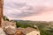 Panoramic view over tyled roofs of Montepulciano and the Dome of Sanctuary of the Madonna di San Biagio