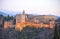Panoramic View of the Palace of the Alhambra at sunset, Granada, Spain
