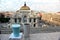 panoramic view of the palace of fine arts in mexico city with bird, coffee and blue drink in the foreground