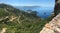 Panoramic view of Palaiokastritsa from Angelokastro. Corfu island, Ionian Sea, Greece.