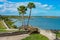 Panoramic view of palm trees and Matanzas Bay  from Castillo de San Marcos fort in Florida`s Historic Coast 1