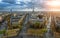 Panoramic view of Paris from the Arc de Triomphe. Autumn. Rain.