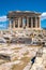 Panoramic view of Parthenon - temple of goddess Athena - within ancient Athenian Acropolis complex atop Acropolis hill in Athens,