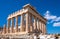 Panoramic view of Parthenon - temple of goddess Athena - within ancient Athenian Acropolis complex atop Acropolis hill in Athens,