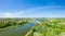 The panoramic view on the Pegasus Bridge in Europe, in France, in Normandy, towards Caen, in Ranville, in summer, on a sunny day