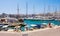 Panoramic view of Piraeus yacht port marina at the Saronic Gulf of Aegean sea in broad metropolitan Athens area in Greece