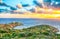 Panoramic view of Piscinni bay with turquoise sea and famous coastal tower of Piscinni