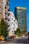 Panoramic view of Polna street with Zebra Tower office plaza of Union Investment in Srodmiescie district of Warsaw, Poland