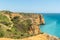 Panoramic view, Ponta da Piedade near Lagos in Algarve, Portugal. Cliff rocks at Ponta da Piedade, Algarve