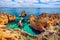 Panoramic view, Ponta da Piedade near Lagos in Algarve, Portugal. Cliff rocks and tourist boat on sea at Ponta da Piedade, Algarve