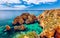 Panoramic view, Ponta da Piedade with seagulls flying over rocks near Lagos in Algarve, Portugal. Cliff rocks, seagulls and