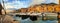 Panoramic view of the port in the evening Camogli, Liguria, Ital