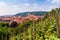 Panoramic view of Prague with Saint Wenceslas Vineyard on castle slope in the foreground, Czech Republic