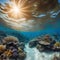 A panoramic view of a pristine coral reef with diverse marine life thriving in crystal-clear waters4