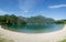 Panoramic view of the public beach Molina di Ledro. Lago Di Ledro, Italy