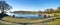 Panoramic view of a public park and frozen Hafrsfjord fjord near â€œSverd i Fjellâ€ monument, Stavanger