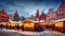 A panoramic view of a quaint Christmas market square,