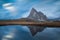 Panoramic view of Ra Gusela peak in front of mount Averau and Nuvolau, in Passo Giau, high alpine pass near Cortina d`Ampezzo