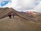 Panoramic view of the rainbow mountain, many tourists walk up the path