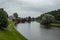 Panoramic view of the Red houses. Finnish warehouses in the city of Porvoo.