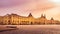 Panoramic view at the Red Square and GUM shopping mall, beautiful sunrise, Moscow