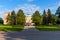 Panoramic view of the regional government in Veliky Novgorod and the war monument of Leonid Golikov